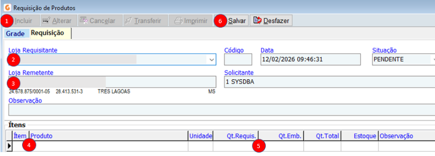 Requisição de produto - Aba requisição