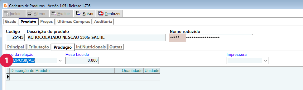 Cadastro de produtos - Aba produção