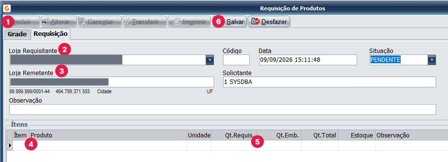 Requisição de produto - Aba requisição